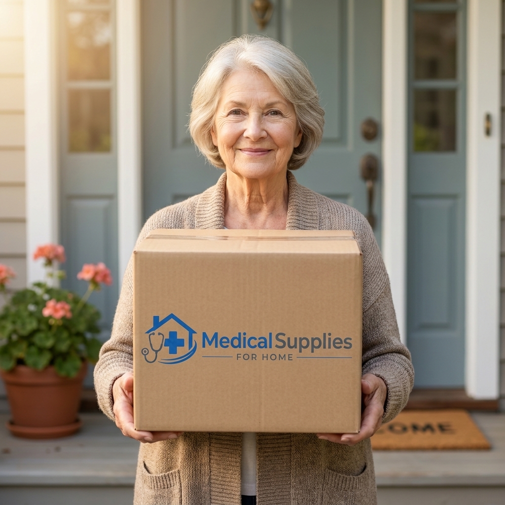 A senior at her doorstep holding a Medical Supplies for Home delivery box